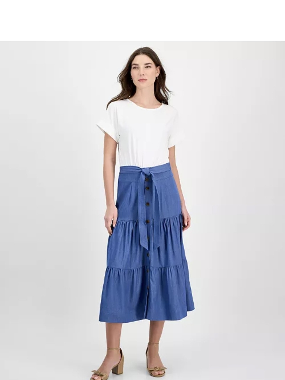 ❌❌Sold❌❌T Tahari Blue Button-Front Tiered Midi Skirt with Tie Waist